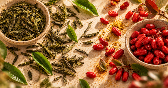 Green tea leaves and berberine berries representing natural ingredients used to support metabolism and healthy weight management.