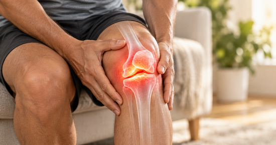 Man experiencing knee pain with illustration highlighting inflammation inside the knee joint.