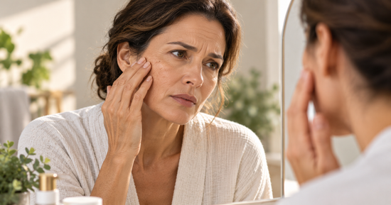 Mature woman showing visible signs of premature skin aging, including fine lines, dullness and uneven skin texture.
