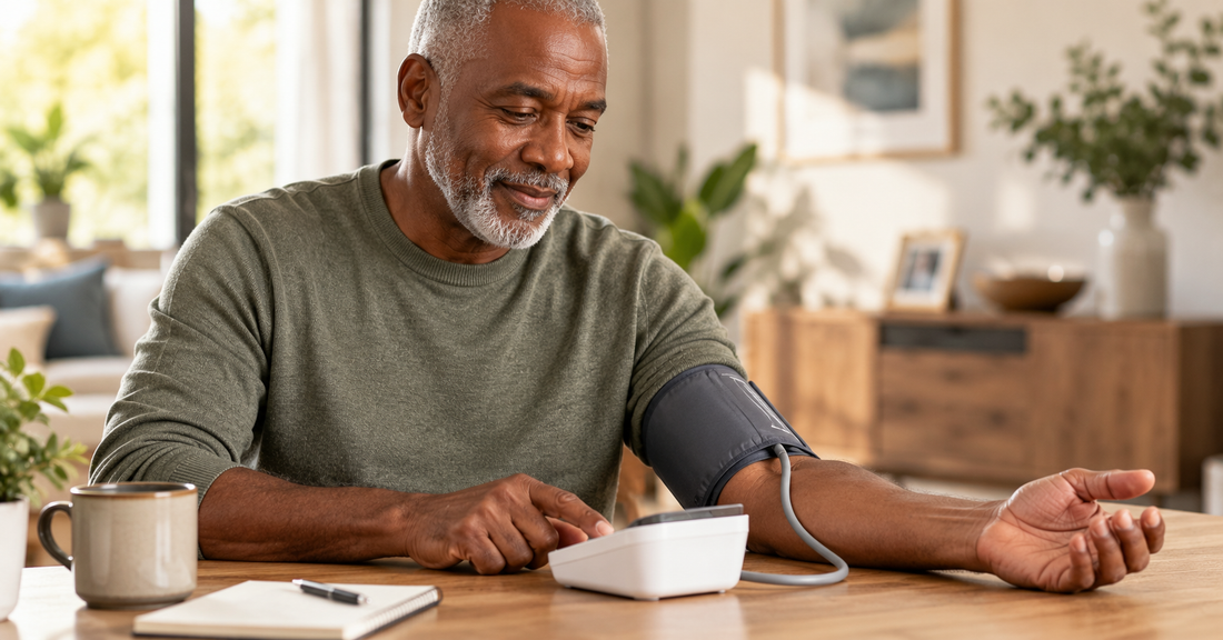 Person checking their blood pressure at home with an upper-arm monitor, representing natural ways to support healthy blood pressure.