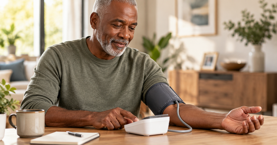 Person checking their blood pressure at home with an upper-arm monitor, representing natural ways to support healthy blood pressure.