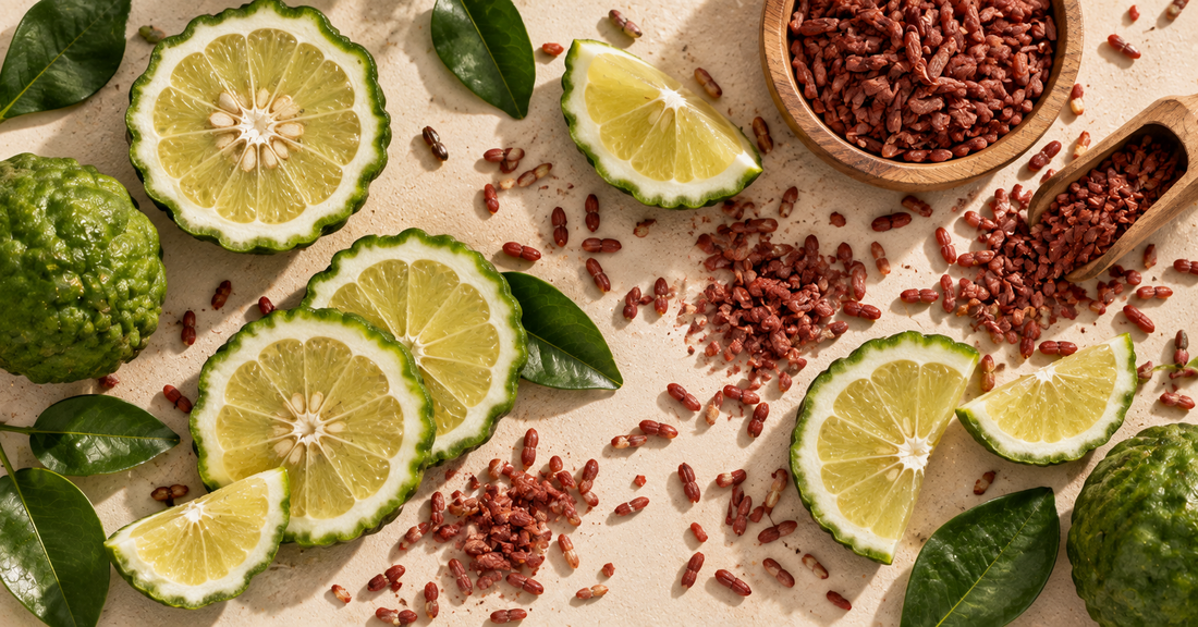 Citrus bergamot and red yeast rice representing two natural approaches to supporting healthy cholesterol and cardiovascular health.