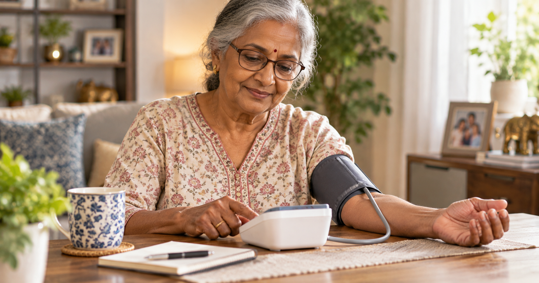 Person taking their blood pressure at home with a digital monitor, demonstrating proper positioning for an accurate reading.