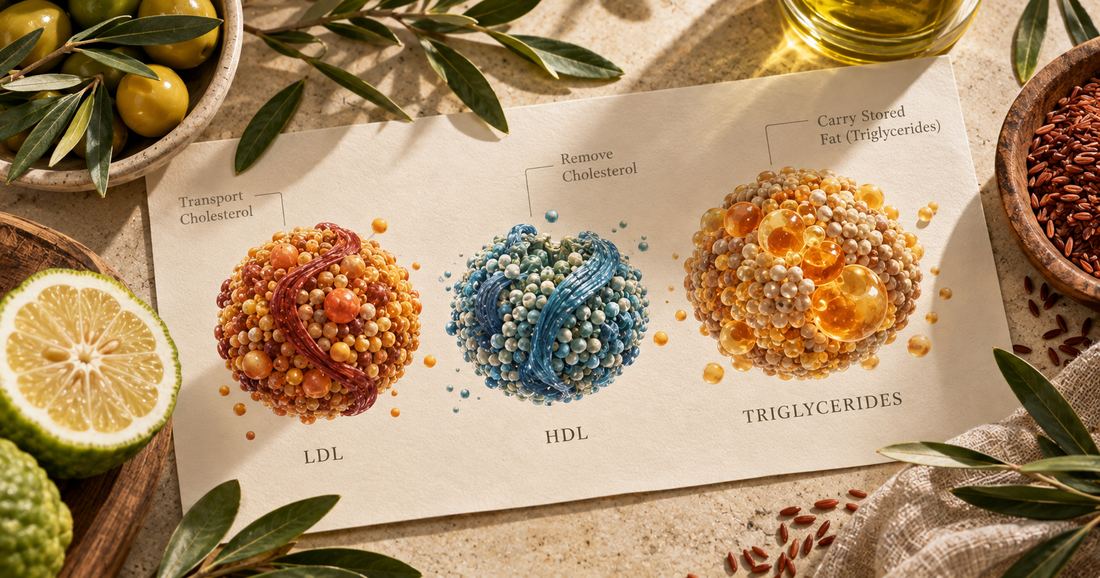 LDL, HDL and triglyceride molecules illustrating the different types of cholesterol and their role in heart health.