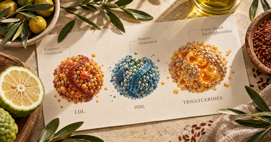 LDL, HDL and triglyceride molecules illustrating the different types of cholesterol and their role in heart health.