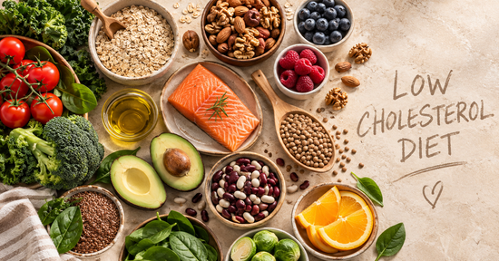 Heart-healthy foods including fruits, vegetables, whole grains, nuts and salmon representing a cholesterol-lowering diet.