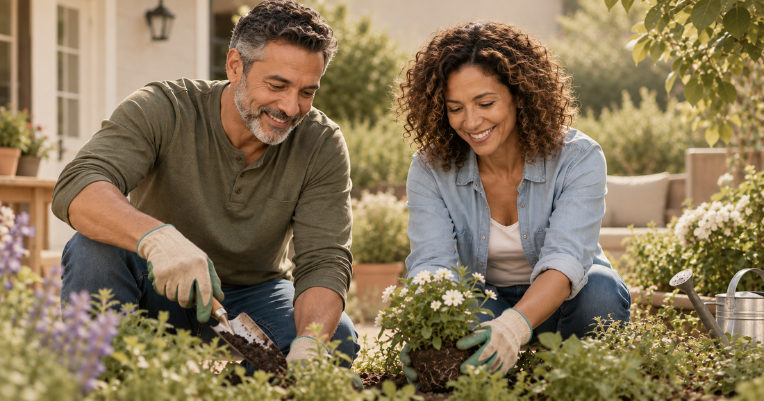 Active older adults enjoying time outdoors together, representing healthy aging, longevity, movement and social connection.