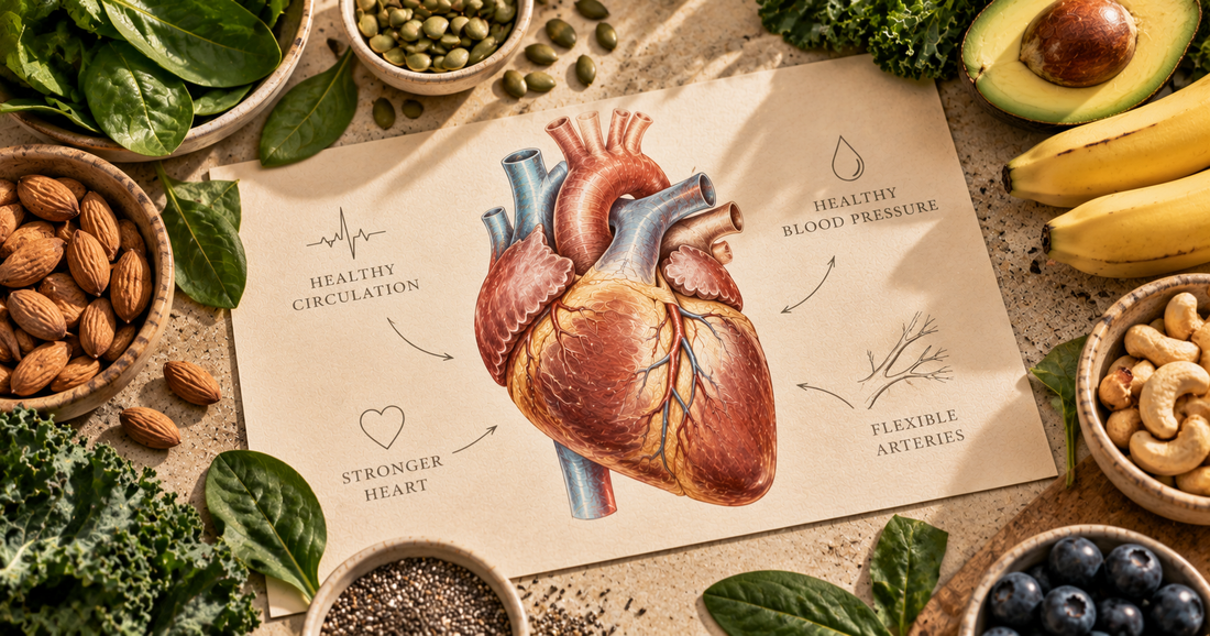 Magnesium supporting heart health, healthy blood flow, blood pressure and cardiovascular function.