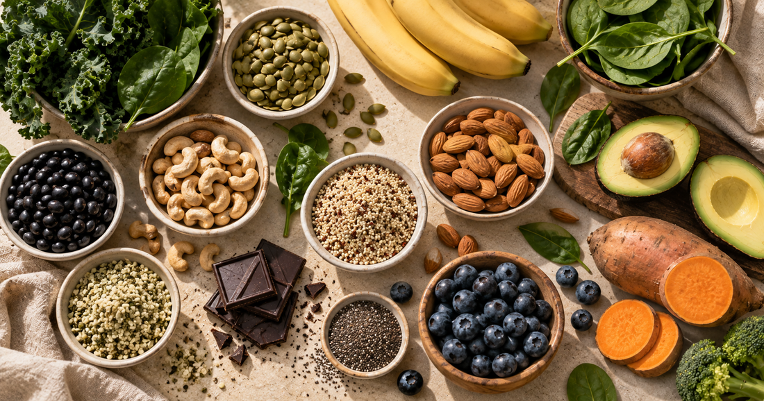 Magnesium-rich foods and supplements supporting energy, sleep, muscle, heart and nervous system health.