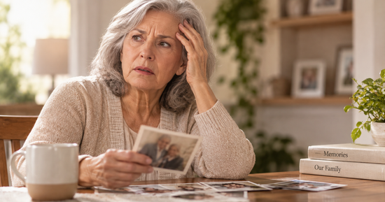 Woman looking through old family photos, representing memory, cognitive health and healthy aging.