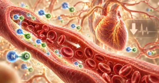 Nitric oxide molecules supporting blood vessel dilation, healthy circulation and blood pressure regulation.