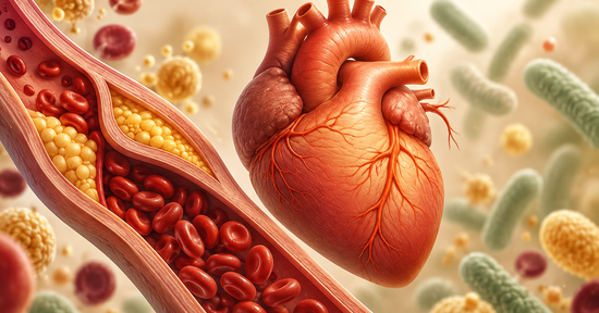 Illustration of probiotics, cholesterol buildup and the heart representing the connection between gut health and cardiovascular health.