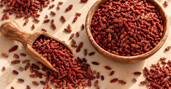 Red yeast rice representing natural support for healthy cholesterol levels, circulation and cardiovascular health.