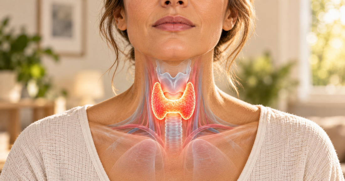Ashwagandha root representing natural support for thyroid function, hormone balance, energy and metabolism.